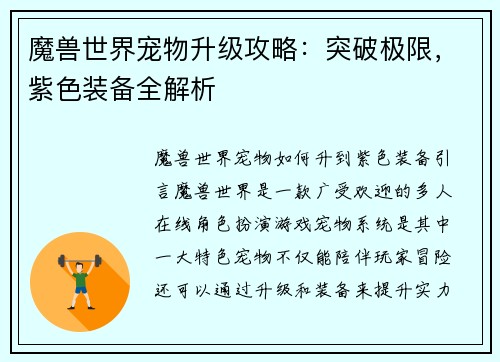魔兽世界宠物升级攻略：突破极限，紫色装备全解析