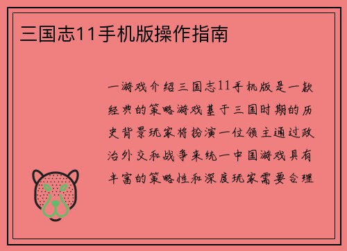 三国志11手机版操作指南